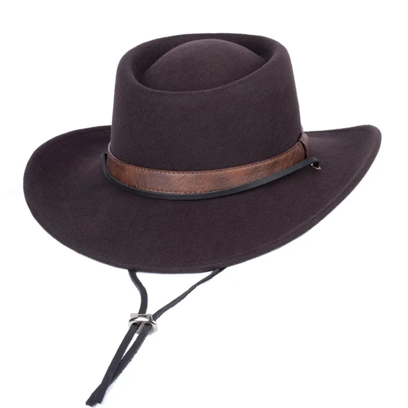 Unisex Western Wide Brim Flat Top Boater Felt Adjustable Fedora Hat