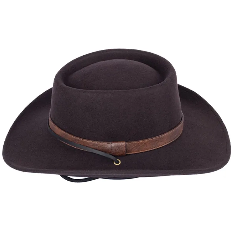 Unisex Western Wide Brim Flat Top Boater Felt Adjustable Fedora Hat