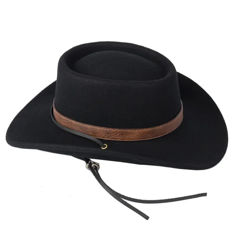 Unisex Western Wide Brim Flat Top Boater Felt Adjustable Fedora Hat