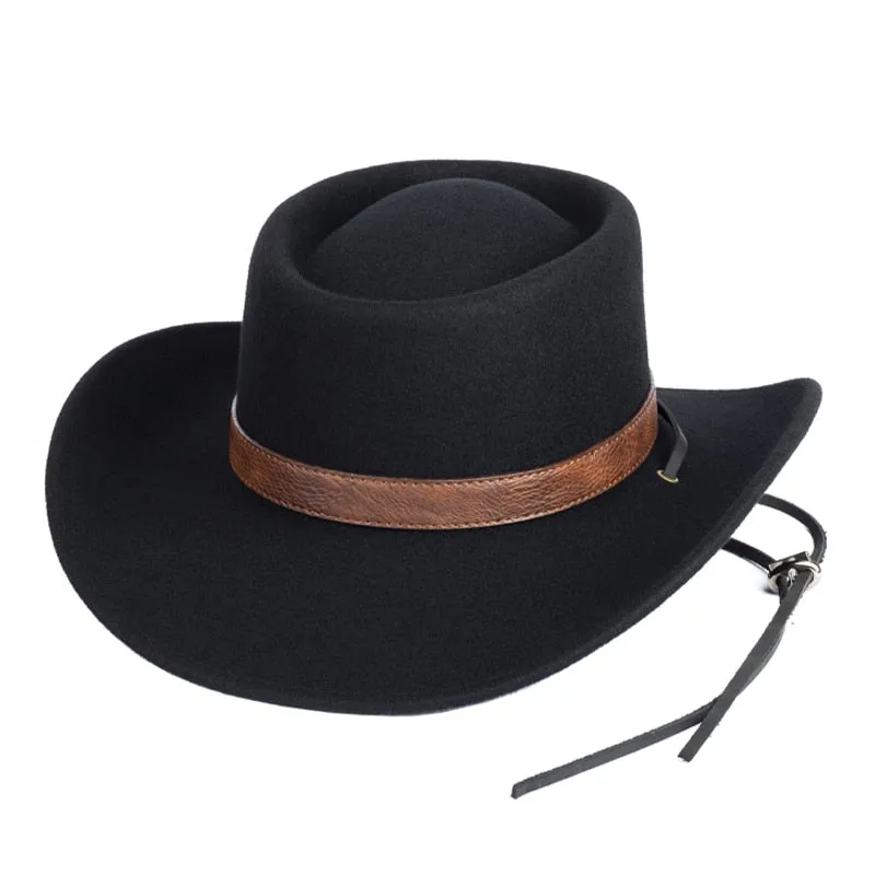 Unisex Western Wide Brim Flat Top Boater Felt Adjustable Fedora Hat