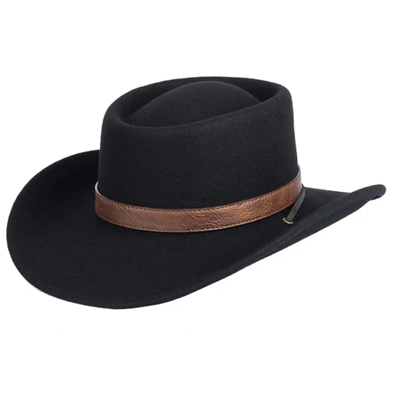 Unisex Western Wide Brim Flat Top Boater Felt Adjustable Fedora Hat