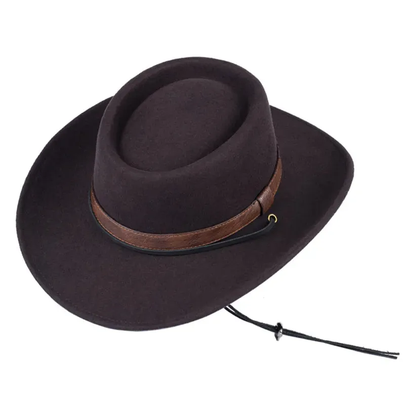 Unisex Western Wide Brim Flat Top Boater Felt Adjustable Fedora Hat