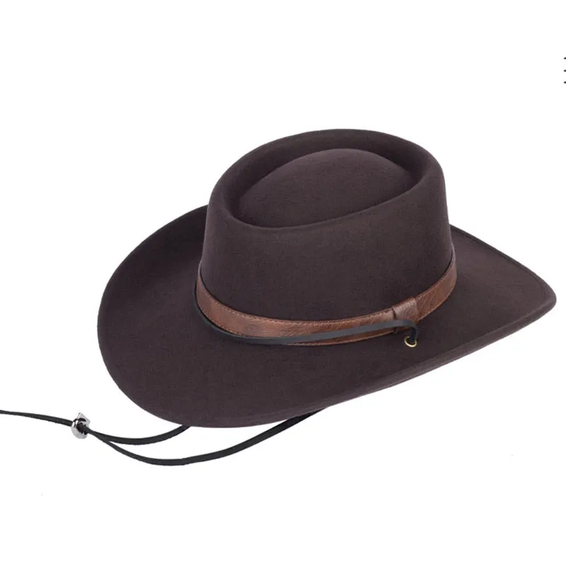 Unisex Western Wide Brim Flat Top Boater Felt Adjustable Fedora Hat