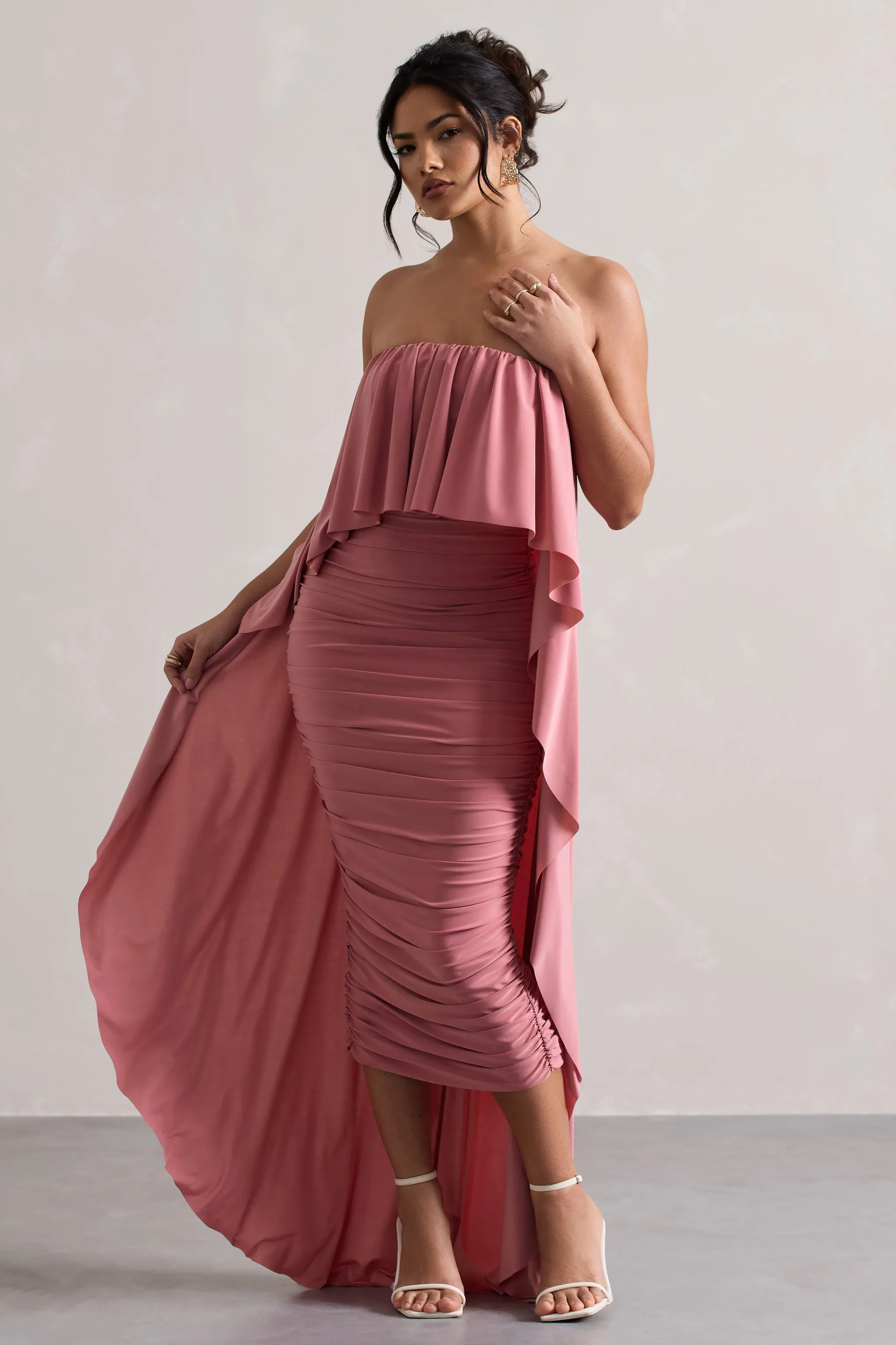 Upon A Time | Blush Ruched Bandeau Midi Dress With Cape