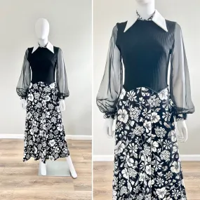 Vintage 1970s Black and White Floral Maxi Dress / 70s Retro Dress with Sheer Balloon Sleeves / Size S M