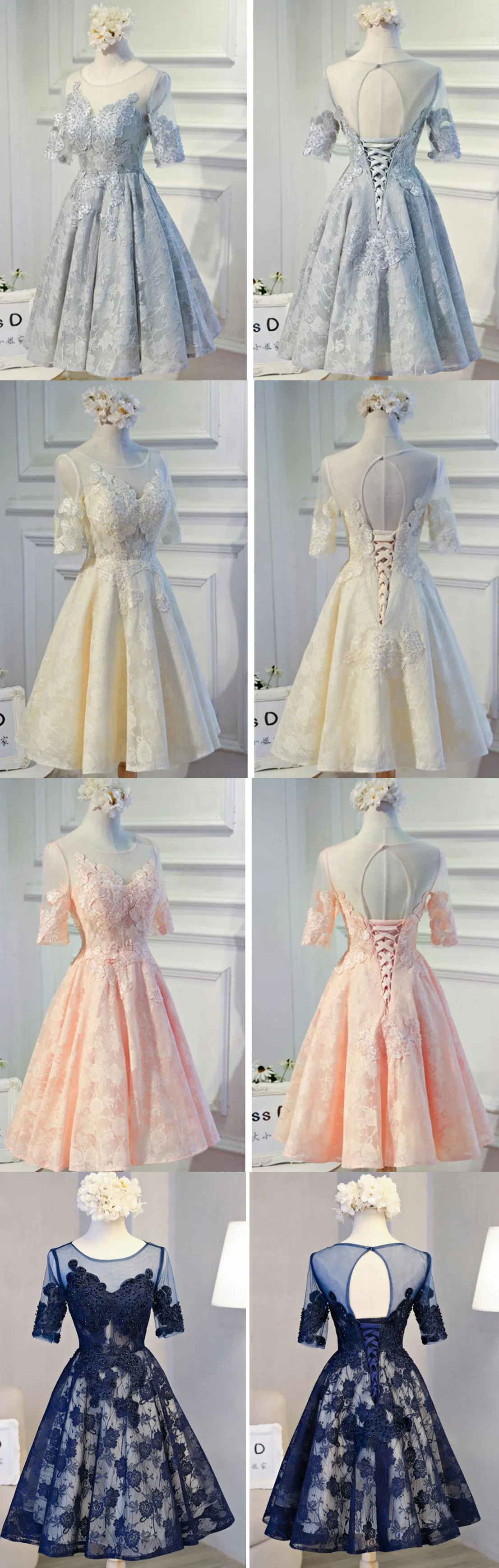 Vintage Half Sleeve Appliques Floral Prints Clairvoyant Outfit Lace Lace Up Back Tea-Length Homecoming Dress,BD0124