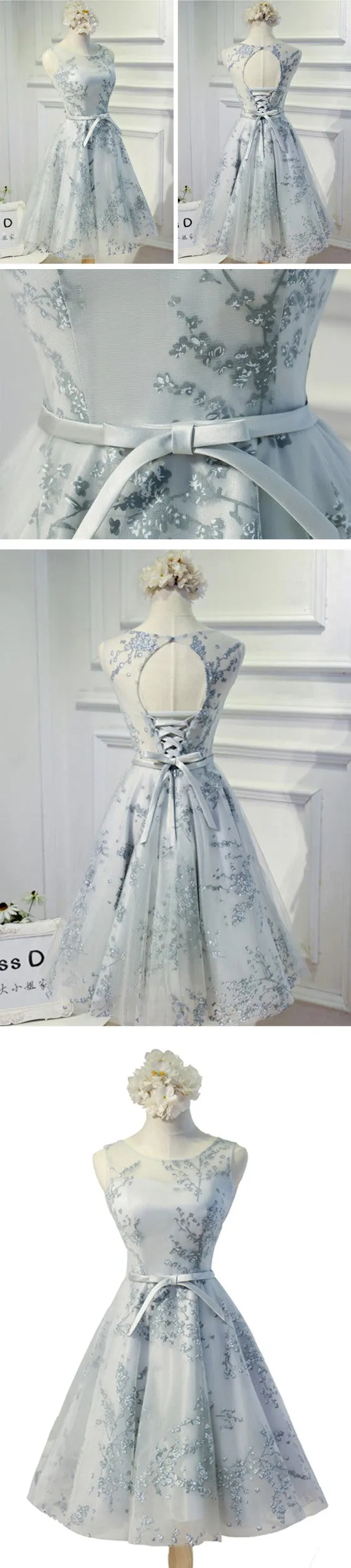 Vintage Sleeveless Round Neck Keyhole Lace Up Back Bow Sash Printing Tulle Knee Length Homecoming Dress,BD0118