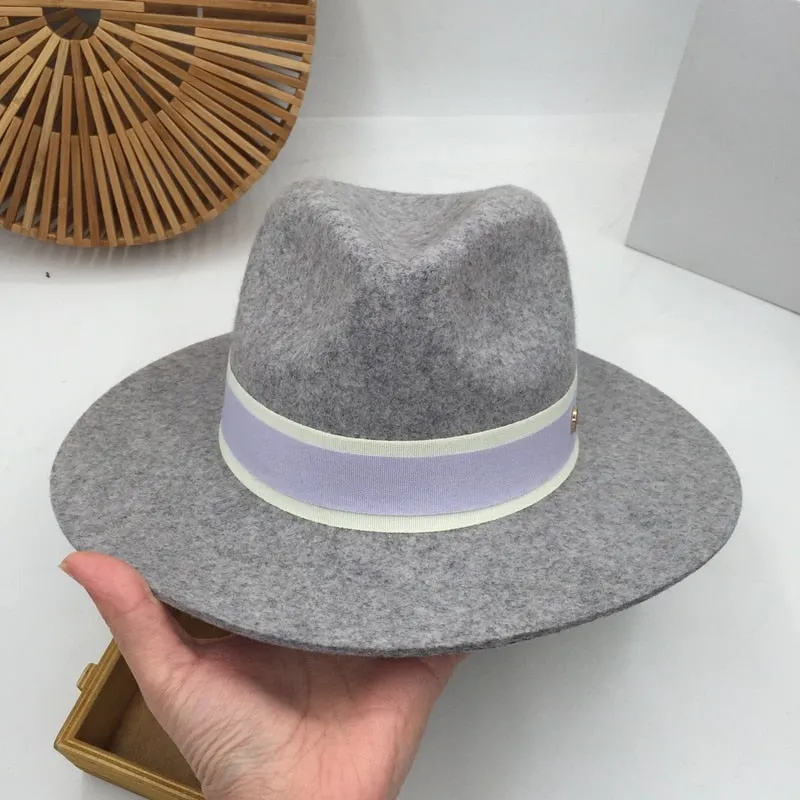 White Light Purple Double Black Color Metal Logo Jazz Fedora Panama Hat