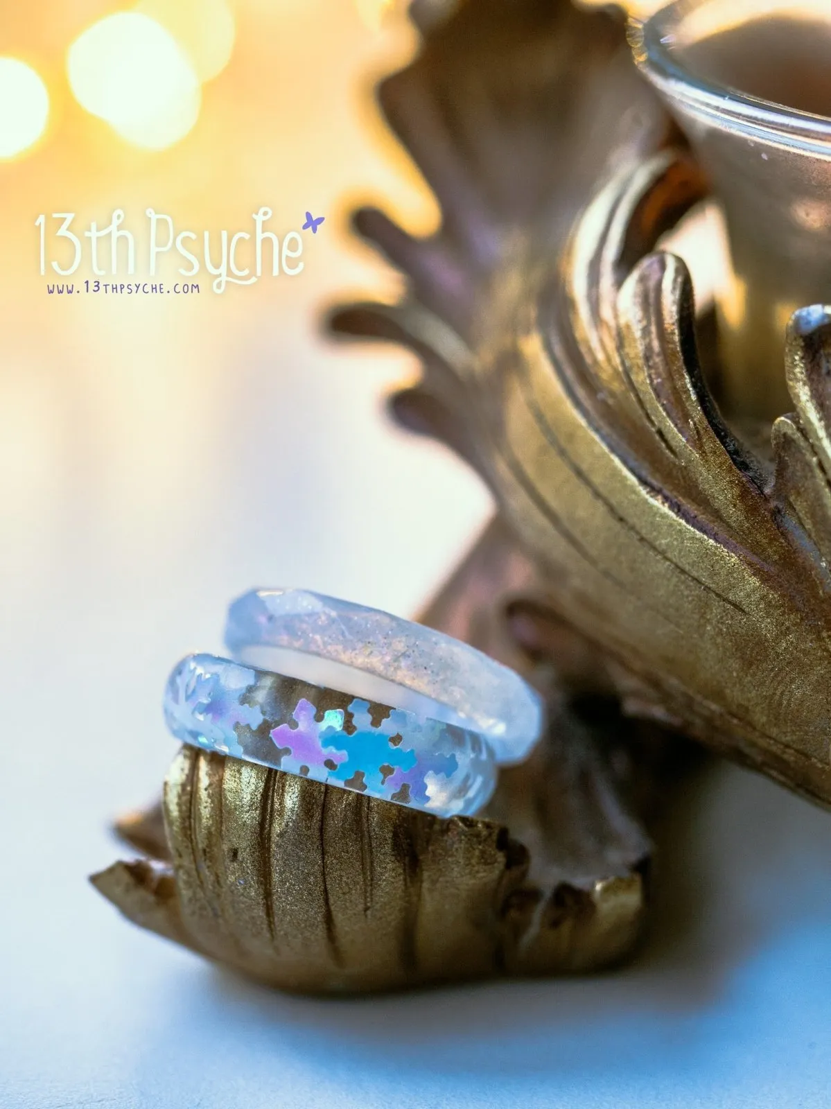 Winter inspired snowflake and white glitter resin ring set of two