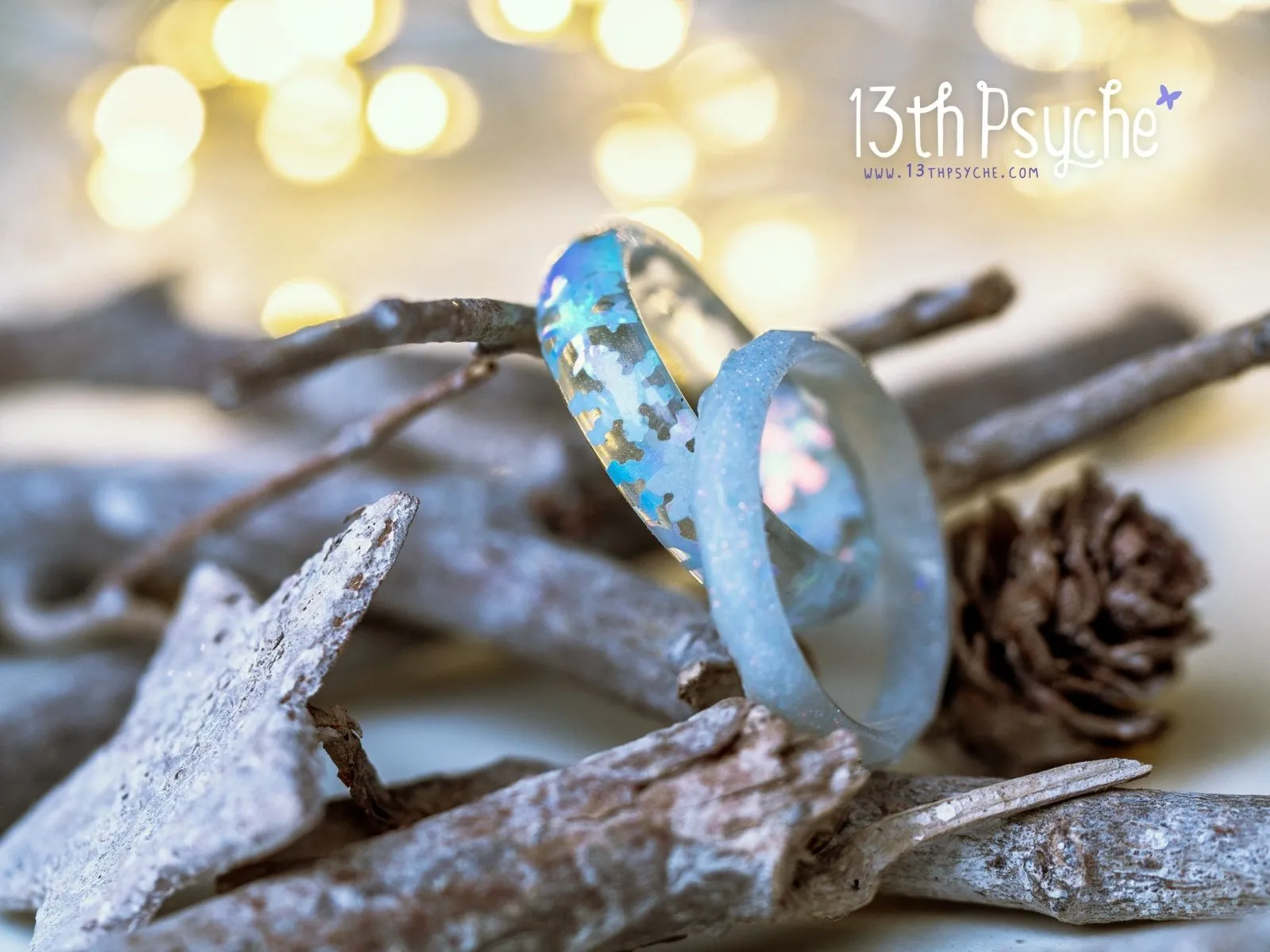 Winter inspired snowflake and white glitter resin ring set of two