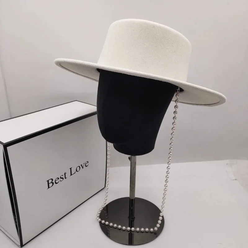 Women's Artificial Wool Blend White Wide Brim Solid Fedora Hat with Chain