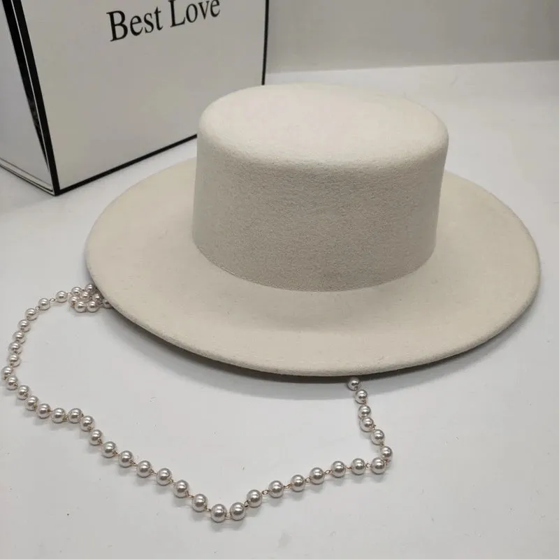 Women's Artificial Wool Blend White Wide Brim Solid Fedora Hat with Chain