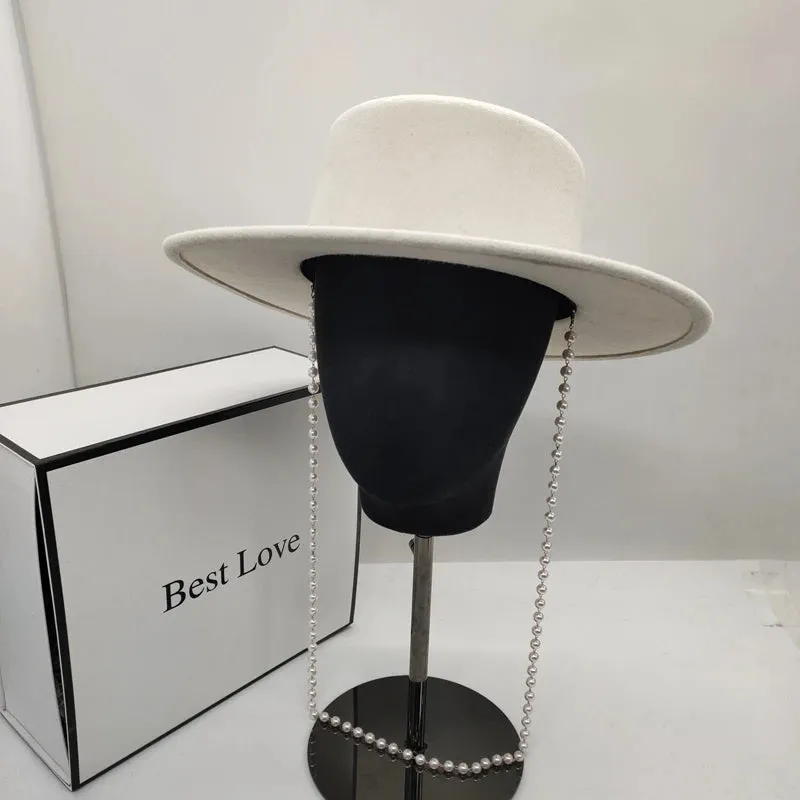 Women's Artificial Wool Blend White Wide Brim Solid Fedora Hat with Chain