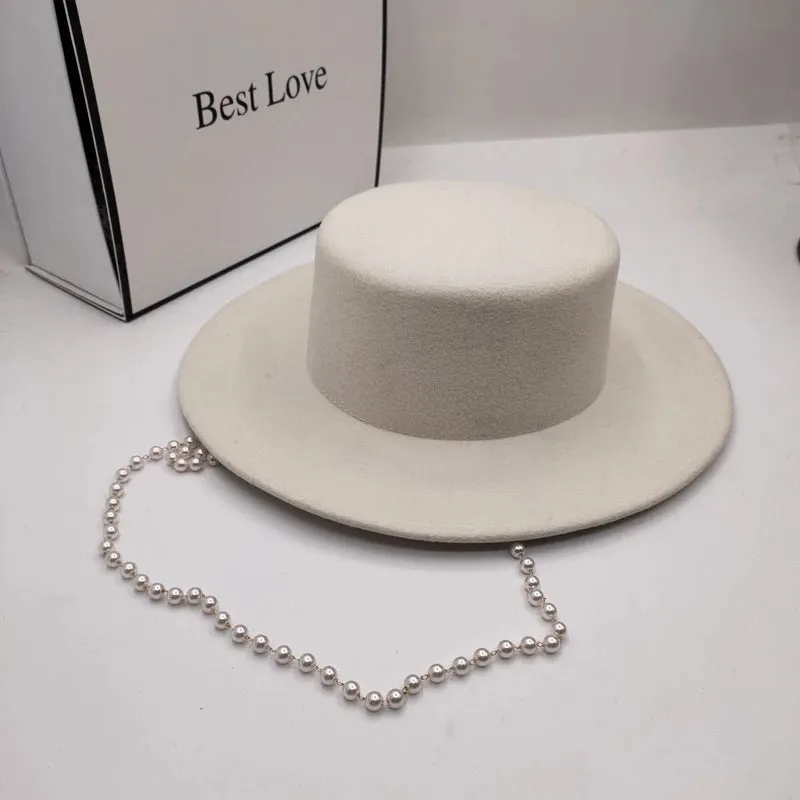 Women's Artificial Wool Blend White Wide Brim Solid Fedora Hat with Chain