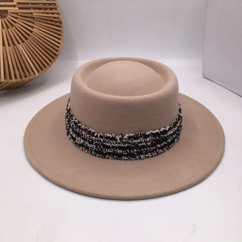 Women's Casual Style Wool Concave and Convex Flat Brim Fedora Hat