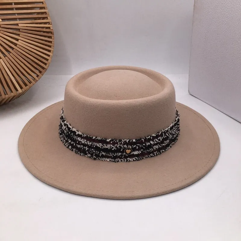 Women's Casual Style Wool Concave and Convex Flat Brim Fedora Hat