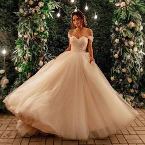 Women's Off Shoulder Boat Neck A-Line Pleated Floor Length Wedding Dress