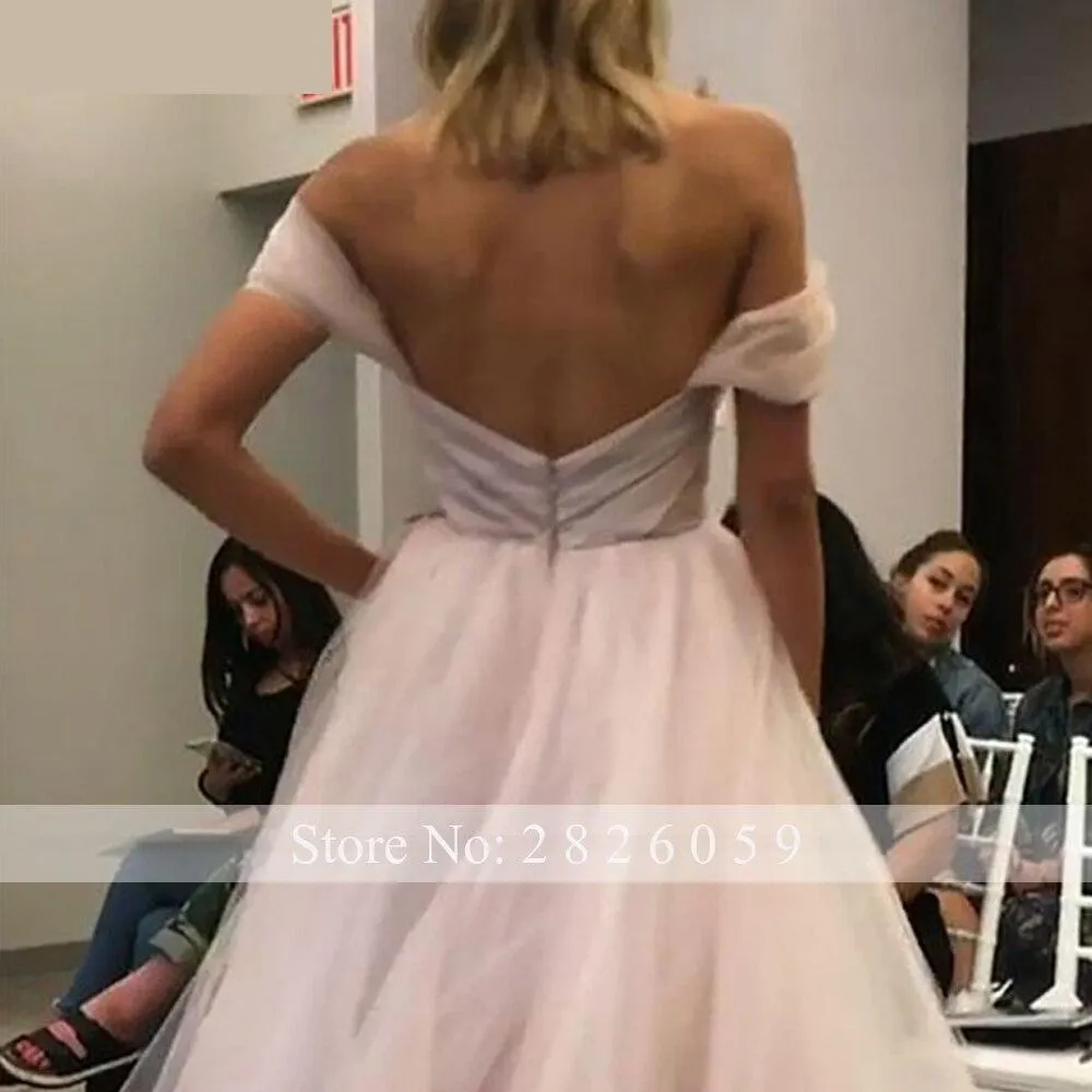 Women's Off Shoulder Boat Neck A-Line Pleated Floor Length Wedding Dress