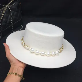 Women's Winter Retro Fashion White Wide Brim Fedora Hat with Pearl Decor