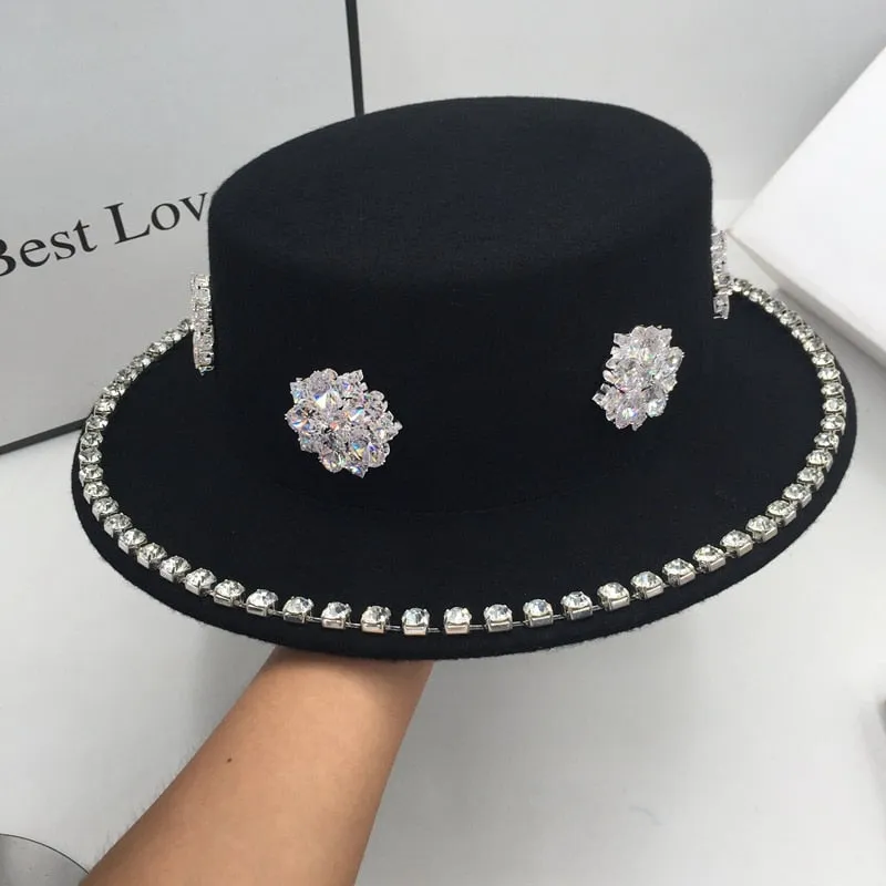 Women's Winter Wool Diamond Flower Decor British Style Flat Fedora Hat